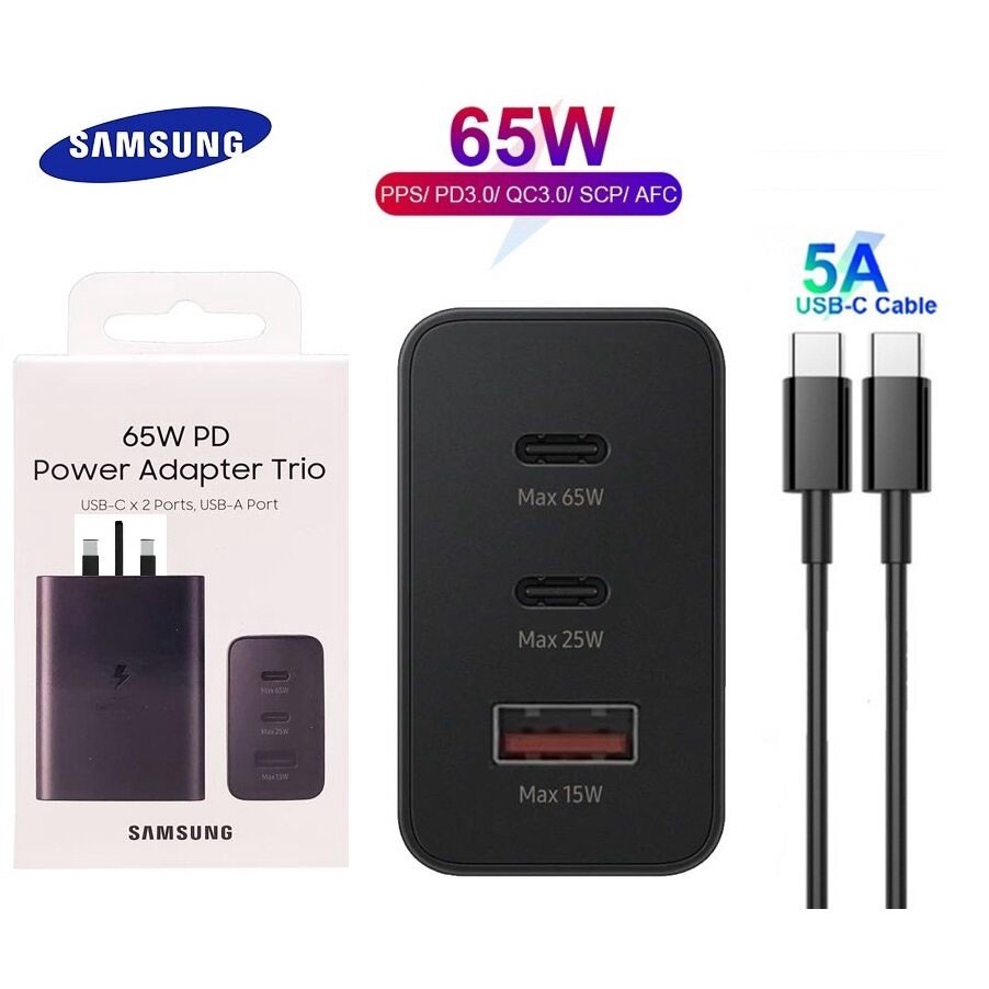 Original Samsung 65w Charger 3 USB Port Adapter With Type C To Type C Cable Support Super Fast Charging