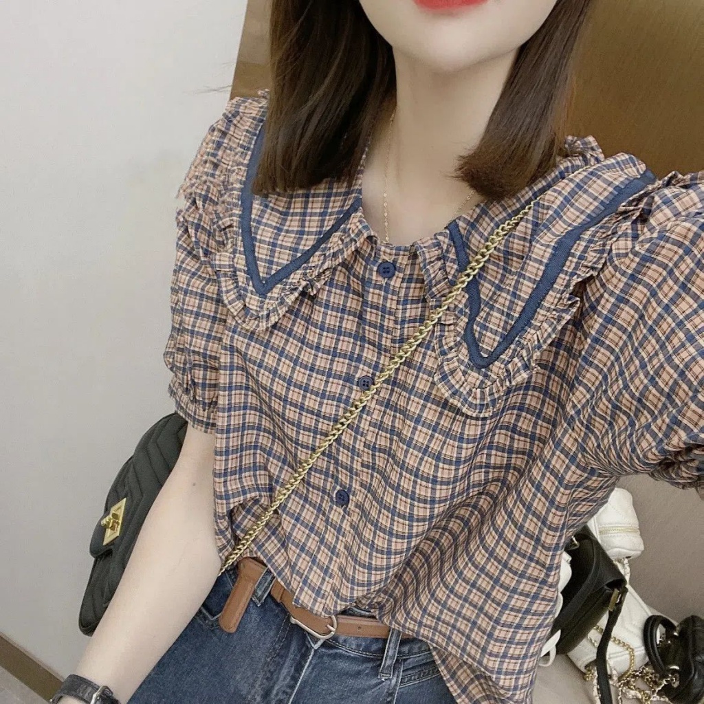 【欣欣】娃娃領泡泡袖格子襯衫女2023夏季新款設計感小眾別緻百搭上衣ins