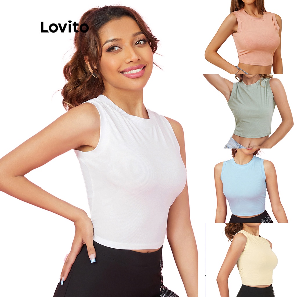 Lovito Plain Casual Thread Cropped Tank Tops for Women L02146 (White/Black/Green/Blue/Pink/Yellow)