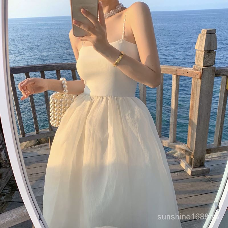 ✨現貨✔海邊穿搭✨韓版洋裝✈超仙✨超仙浪漫收腰歐根紗蓬蓬裙裹胸吊帶打底裙洋裝女三亞度假裙 ins風 性感 氣質