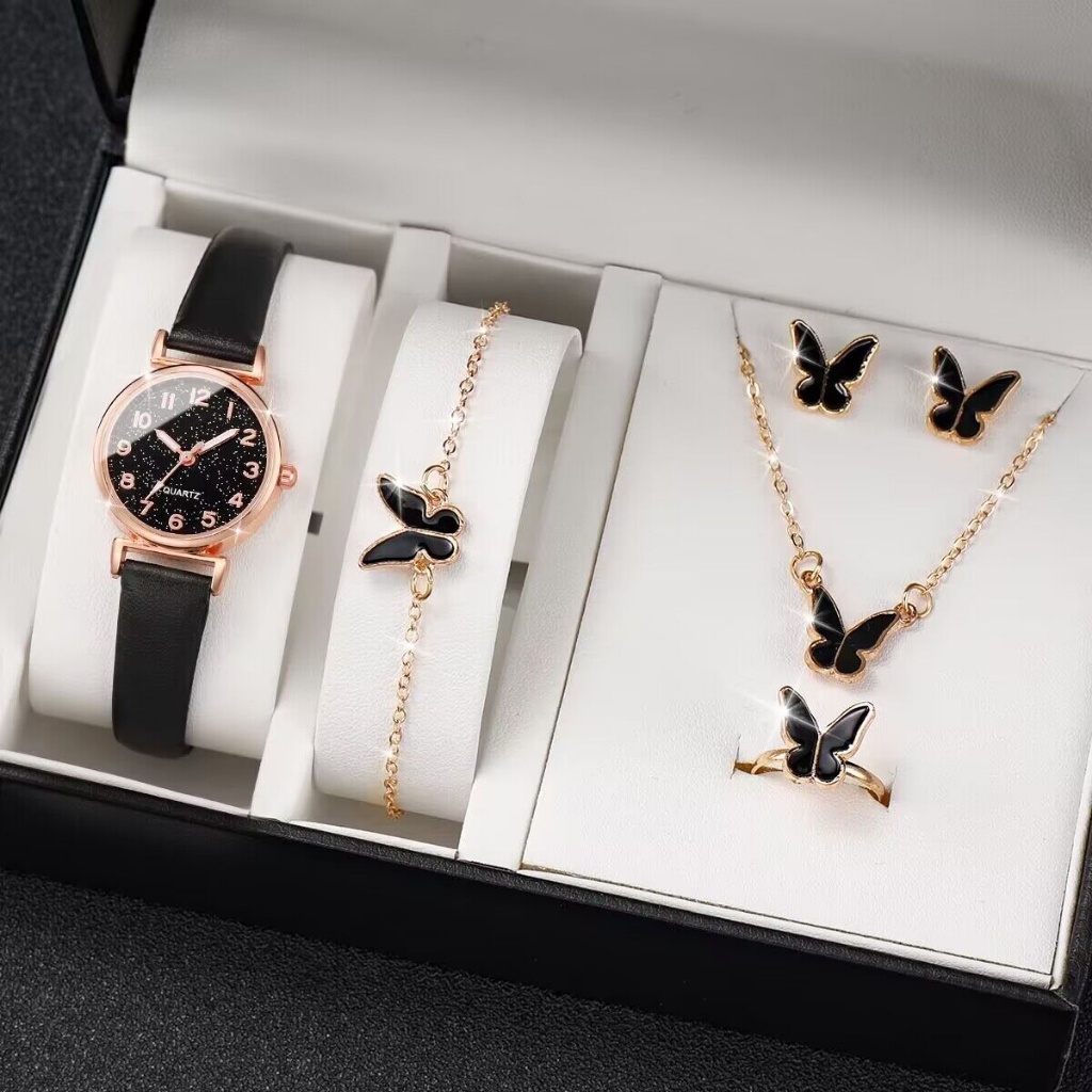 Women's Watch Set Luxury Leather Analogue Ladies Quartz Wristwatch Fashion Bracelet Watch