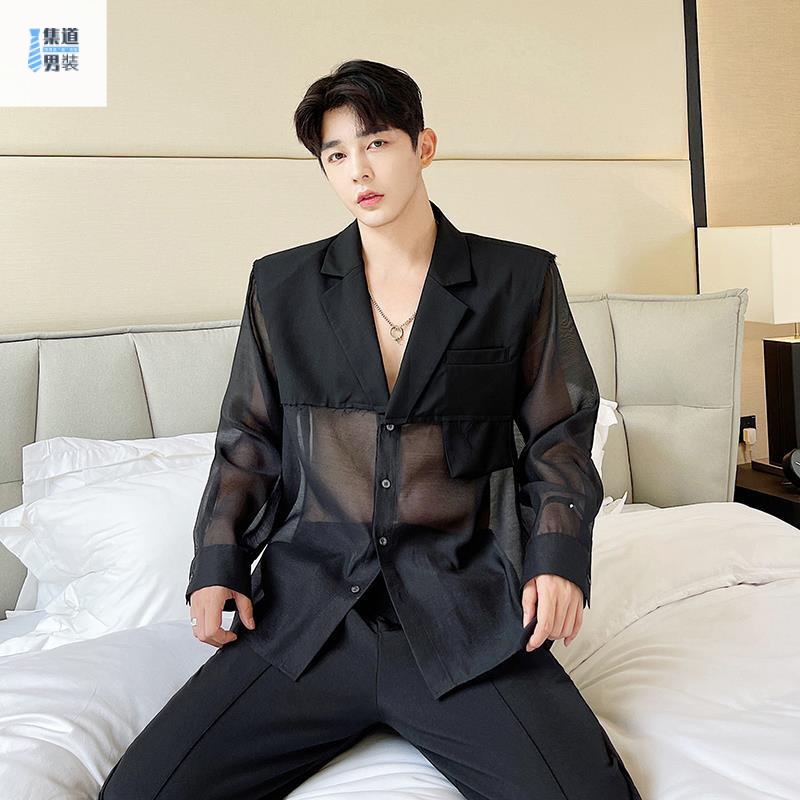 新品秒發夏季小眾設計感ins百搭半透歐根紗防晒西裝男設計感發型師上衣潮