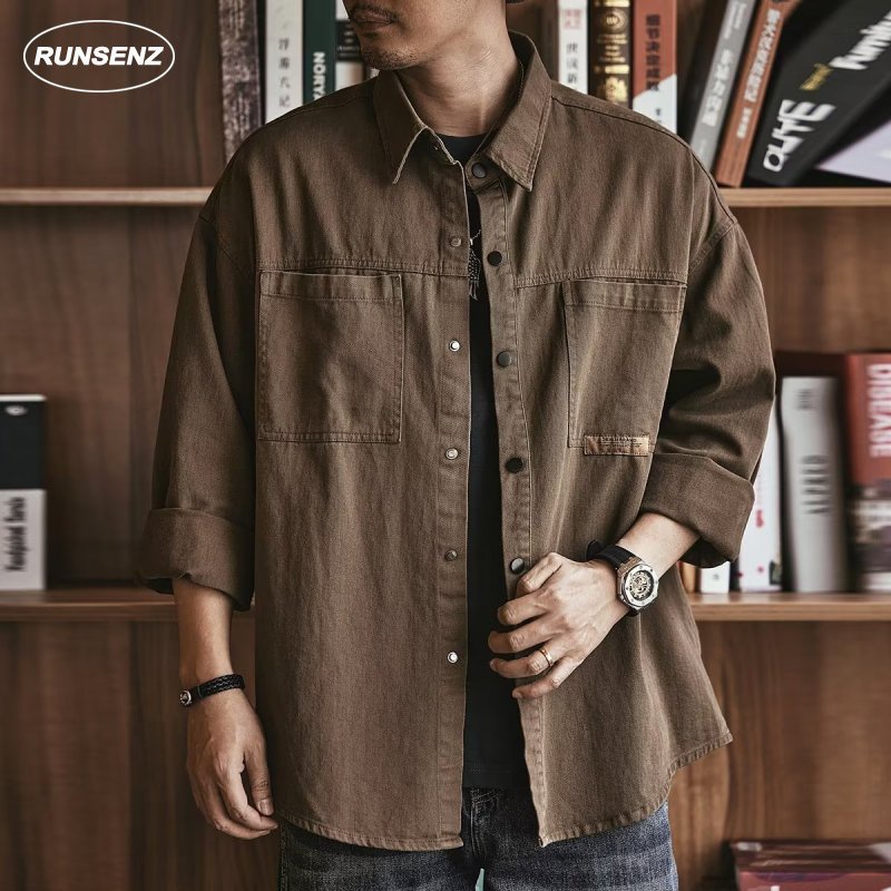 M-7XL American Vintage Cargo Shirt Men Plus Size Long Sleeve Shirt Loose Fit Causal Light Jacket