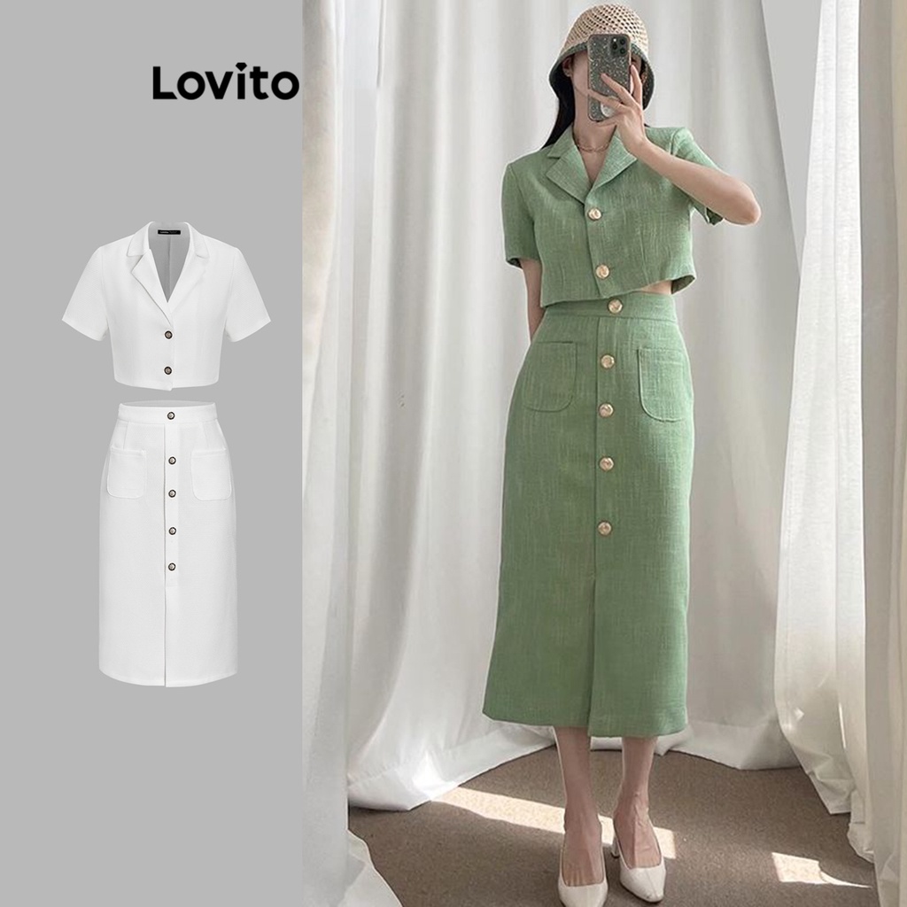 Lovito Casual Plain Button Skirt Sets for Women L67AD115 (Top/Skirt)