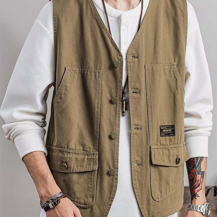 Multi-pocket Cargo Vest Men Spring Ami Khaki Retro Vest Sleeveless Waistcoat Outer Wear Layered
