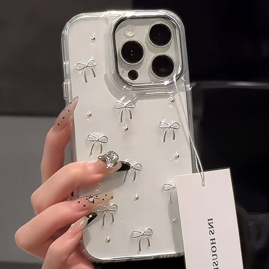 Glitter Silver Foil 3D Metal Bow Phone Case For iPhone 16 15 14 13 11 Pro XS Max 12 Mini 7 8 Plus SE Japan Korea Epoxy Clear Shell