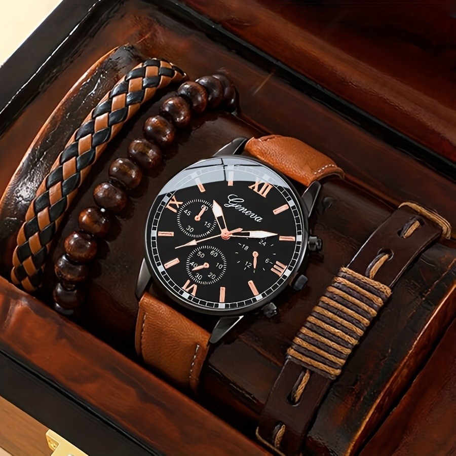 Kegllect 4PCS Men Roman Digital Quartz Watch Business Leather Strap Watches Bracelet Set NO BOX