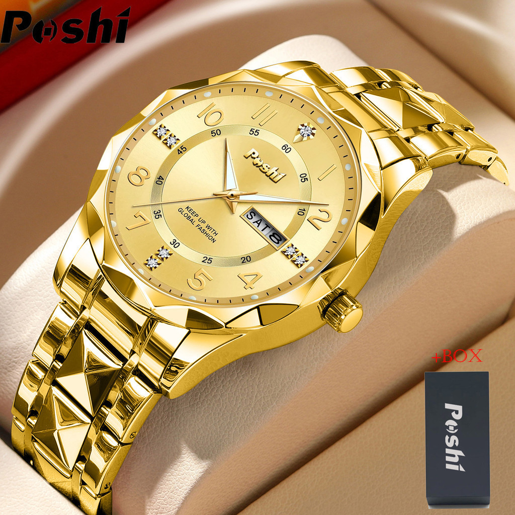 POSHI Waterproof Mens Watches Quartz Luxury Business Watch For Men Gold Silver Stainless Steel Diamond-studded Luminous Charm Watches jam tangan lelaki