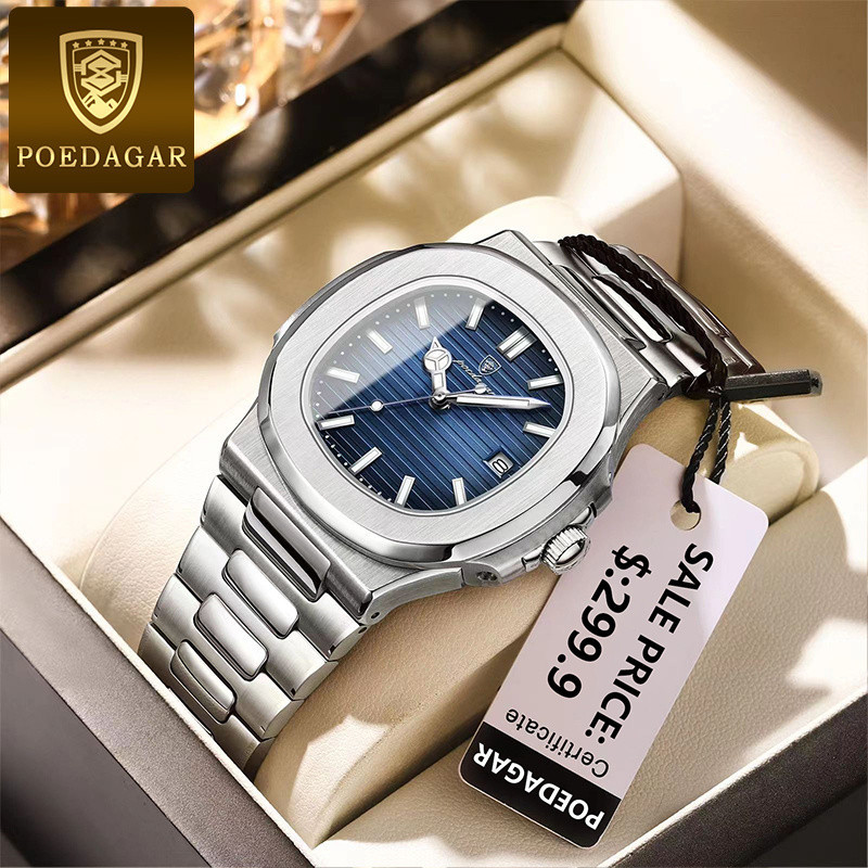 New POEDAGAR Luxury Watch Business Waterproof Clock Luminous Stainless Steel Square Quartz Men Watch