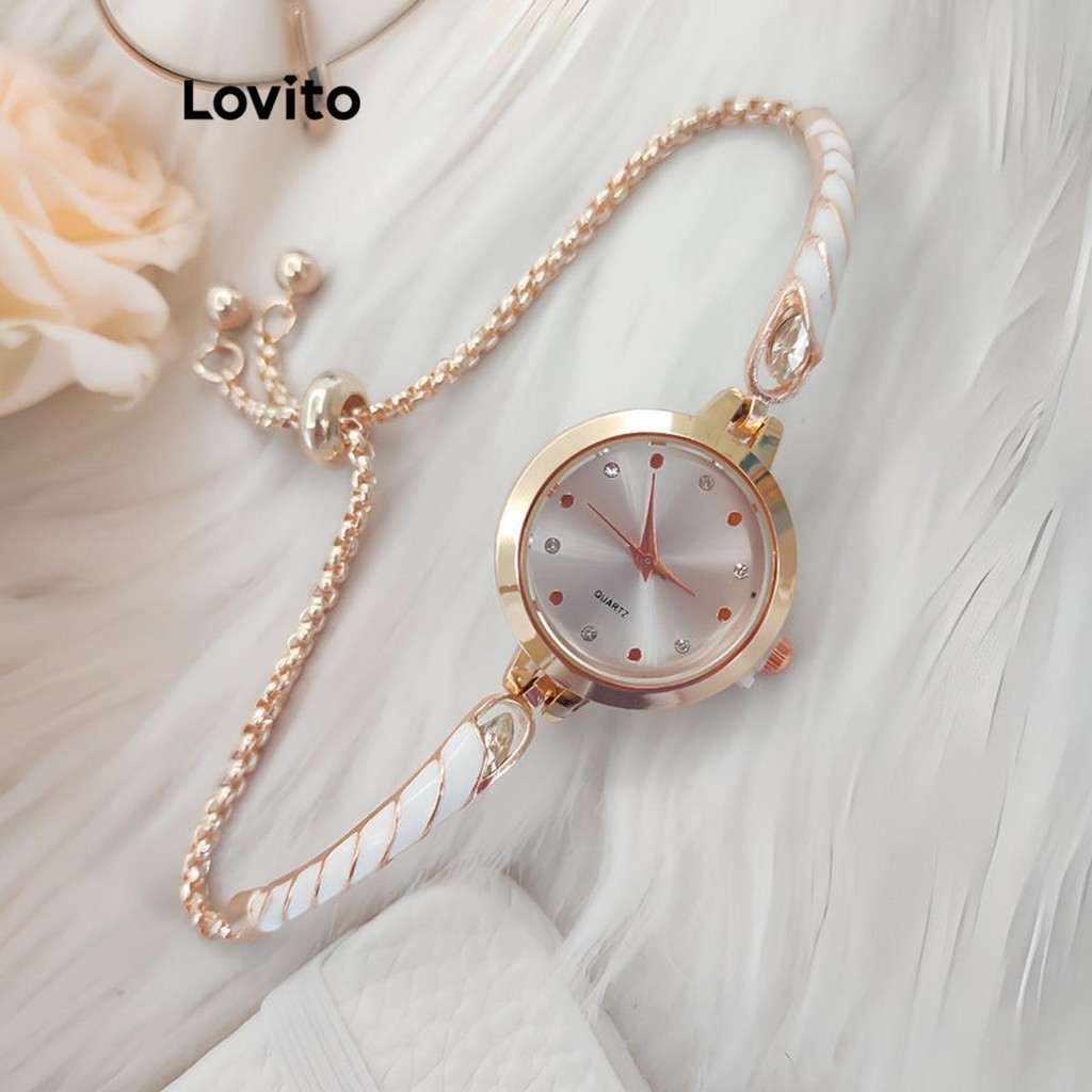 Lovito Elegant Plain Rhinestone Watertight Drip Glaze Quartz Watch for Women LFA30366