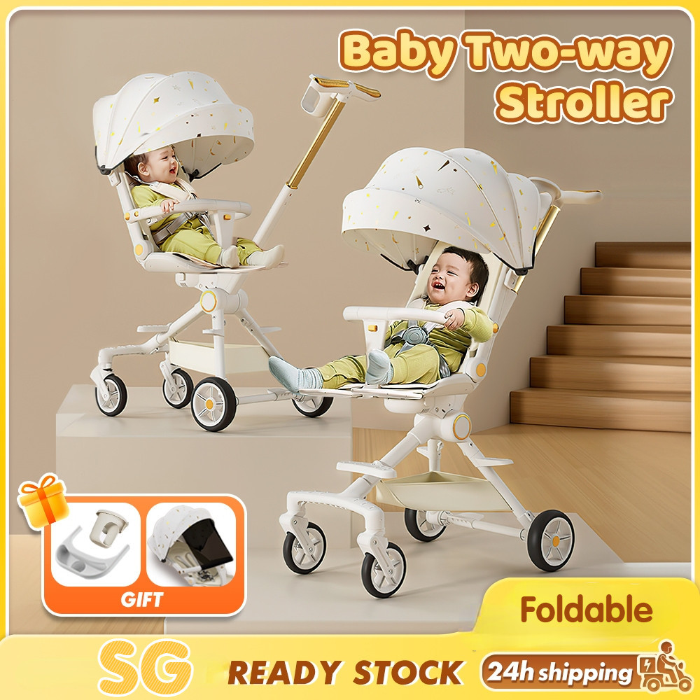 [SG STOCK] Foldable Stroller for Baby Two-Way 360 Rotating Baby Stroller Sit And Lie Seat Belt Toddler Stroller