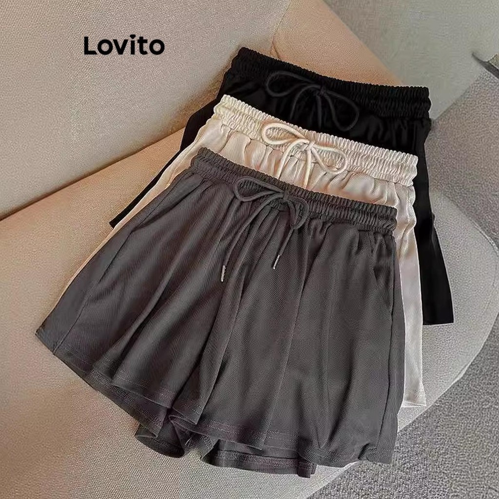Lovito Casual Plain Drawstring Sports Shorts for Women LNL54123