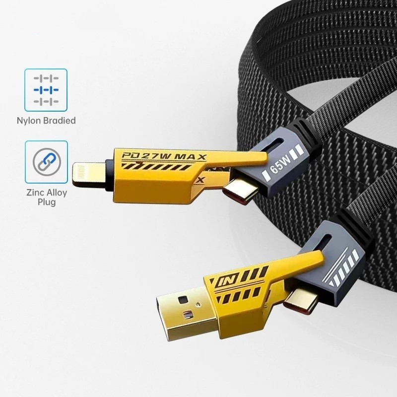 TZUZL 2024 NEW 4 in 1 65W Fast Charging Cable USB to Type C Mecha Style PD27W Charging Dual Type-C Fast Charging Cable