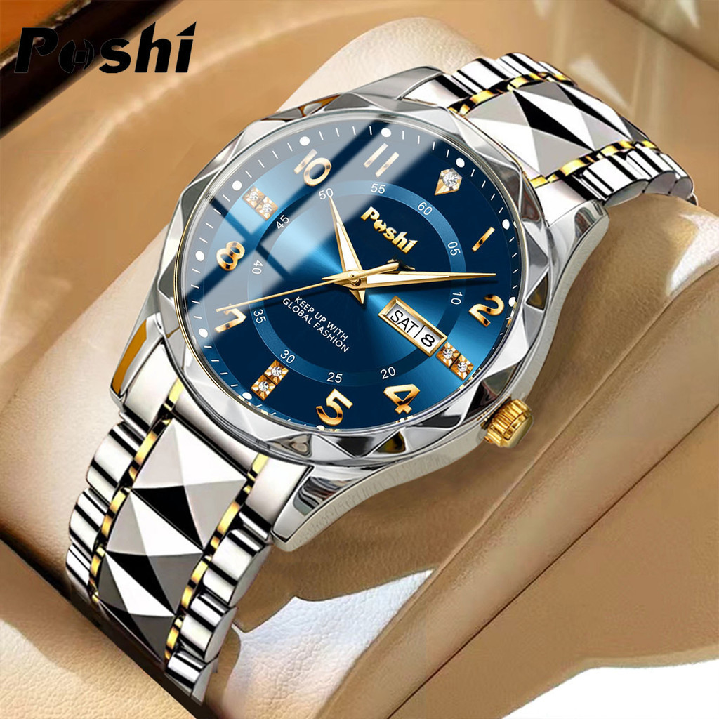 POSHI Men's Luxury Stainless Steel Gold Black Waterproof Fashion Business Watches Automatic Date Luminous Quartz Swiss Wrist Watch for Men