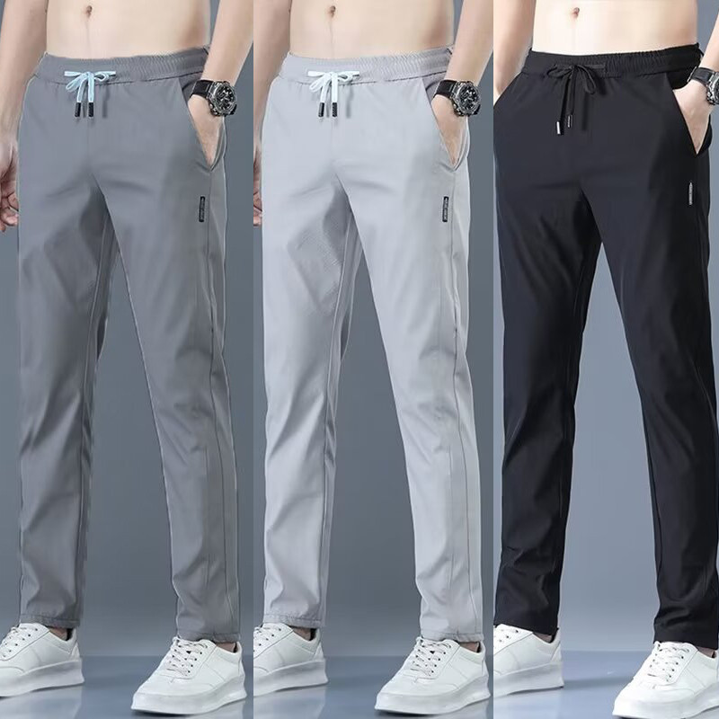 M-5XL Men's Quality Ice Silk Korean Fashion Slim Fit Straight-Leg Long Pants Loose Unisex Basic Plain Trousers
