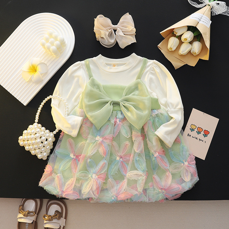 Sequin Flower Embroidered Gauze Dress Long Sleeved Korean Style Dress For Baby Girl_voghion.com