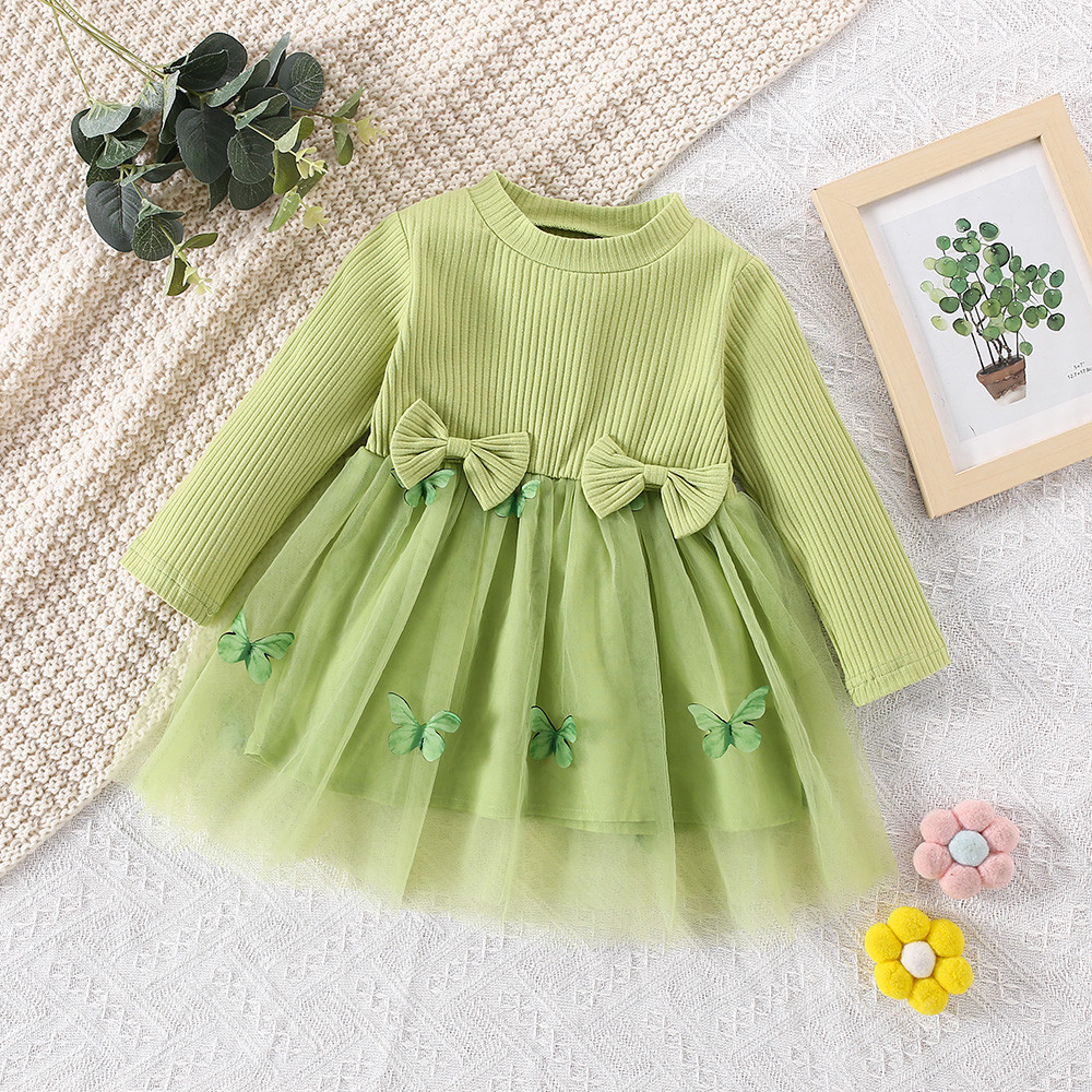 Abito a maniche lunghe per bambina, abito in garza a farfalla con fiocco in tre colori_voghion.com