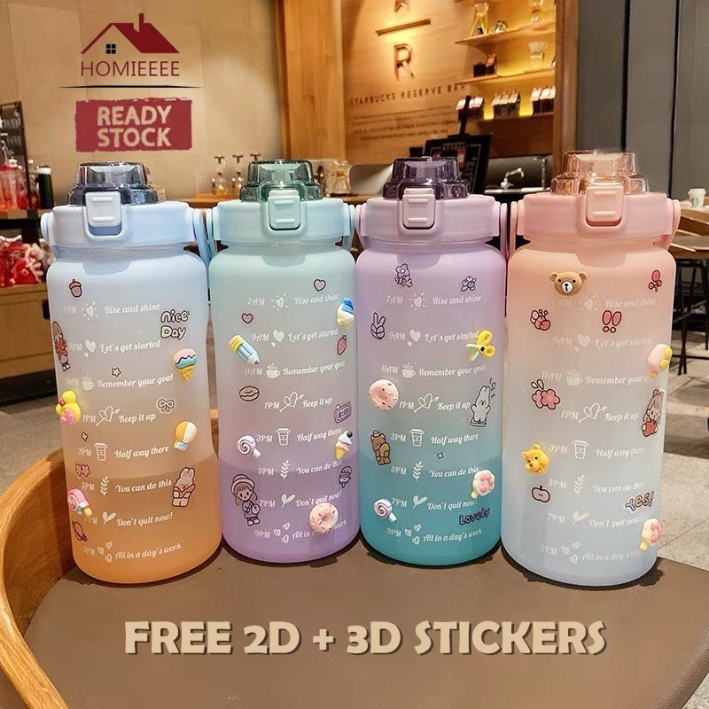 2L Water Bottle?Ready Stock?Free Stickers Large Capacity Gradient Colour With Straw 1.2L 网红渐变色水瓶