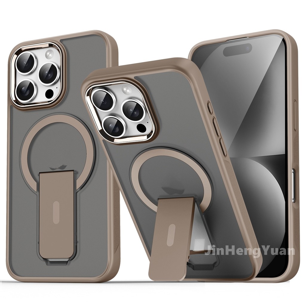 Desert Titanium Gold Frosted Acrylic Case Magnetic Invisible Bracket Casing for IPhone 16 15 14 Plus 13 12 11 Pro Max 360 ° Anti Fall Protection Case Wireless Charging Back Cover