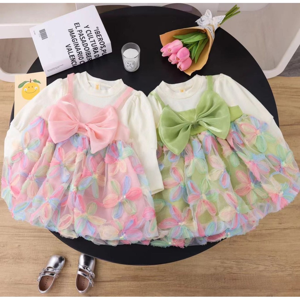Sequin Flower Embroidered Gauze Dress Long Sleeved Korean Style Dress For Baby Girl_voghion.com