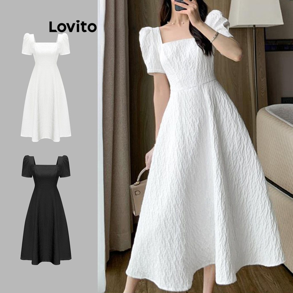 Lovito Elegant Plain Puff Sleeve Square Neck Dress for Women L65ED170 (White)