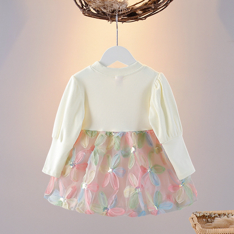 Sequin Flower Embroidered Gauze Dress Long Sleeved Korean Style Dress For Baby Girl_voghion.com