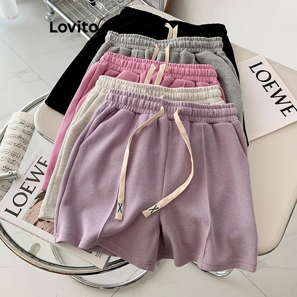 Lovito Casual Plain Structure Line Tie Front Shorts for Women LNE57181