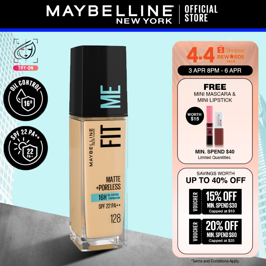 Maybelline Fit Me Matte + Poreless Liquid Foundation - SPF 22, 30ML, 16H Longwear Foundation, Blurs Pores, Oil-Free
