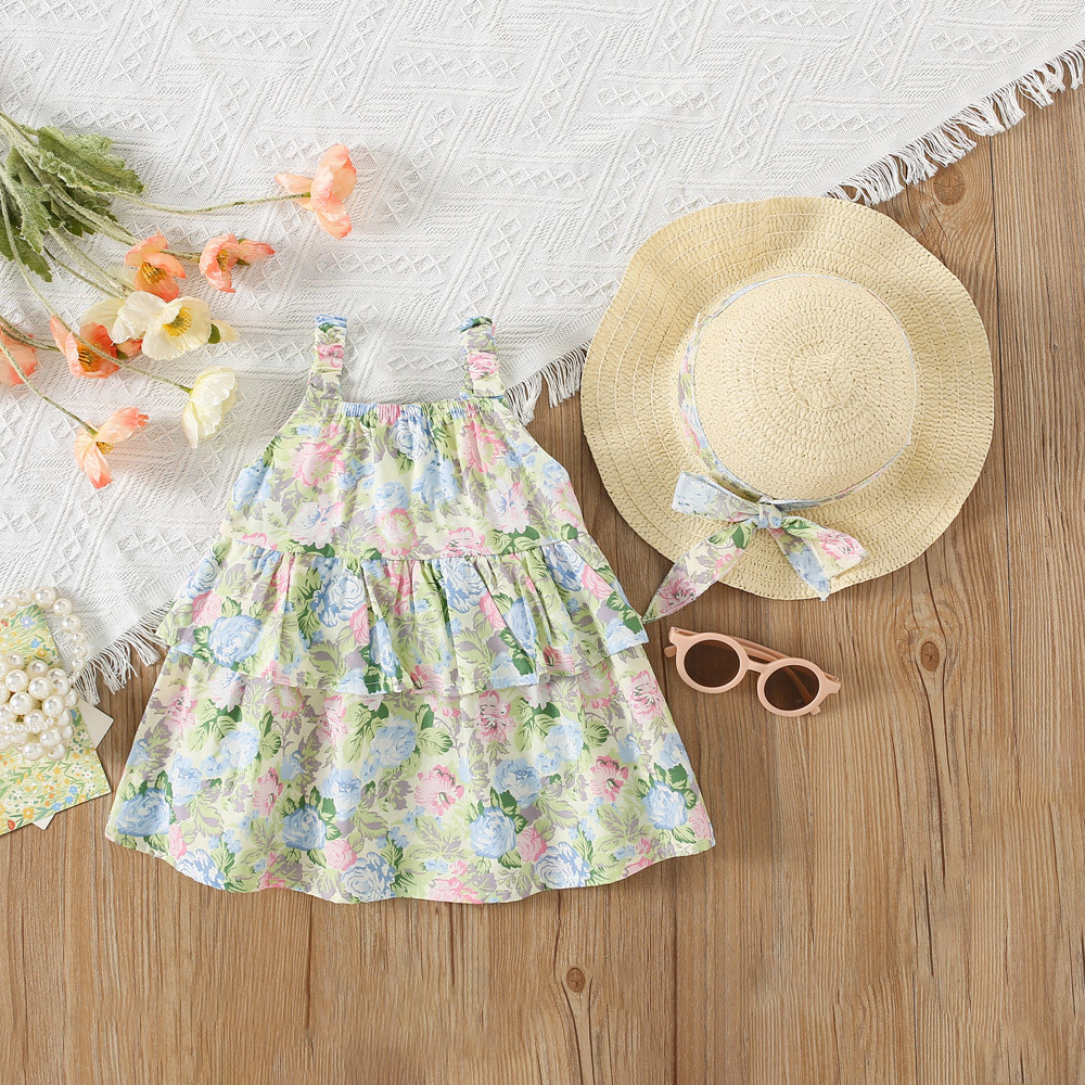 Flower Printed Cotton Dress For Baby Girl Beach Vacation Style Dress Send Hat_voghion.com