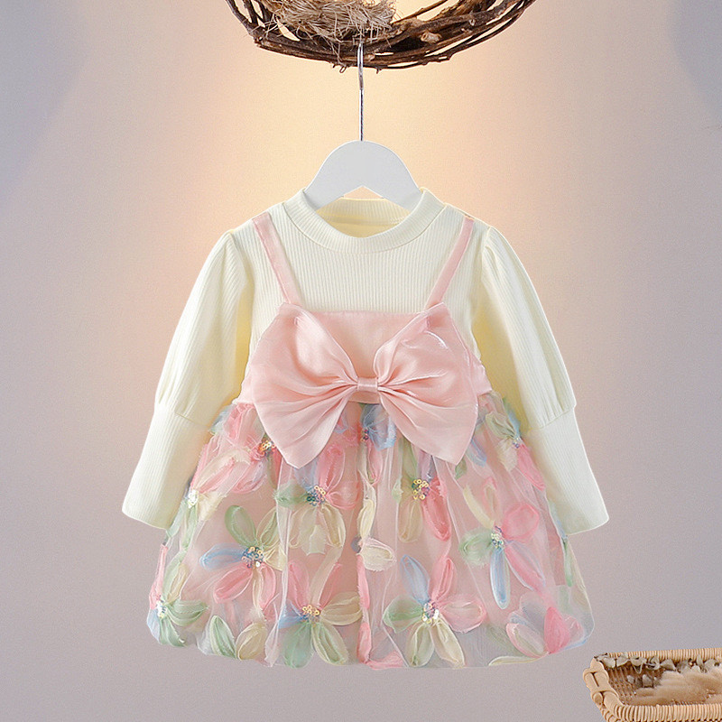 Sequin Flower Embroidered Gauze Dress Long Sleeved Korean Style Dress For Baby Girl_voghion.com