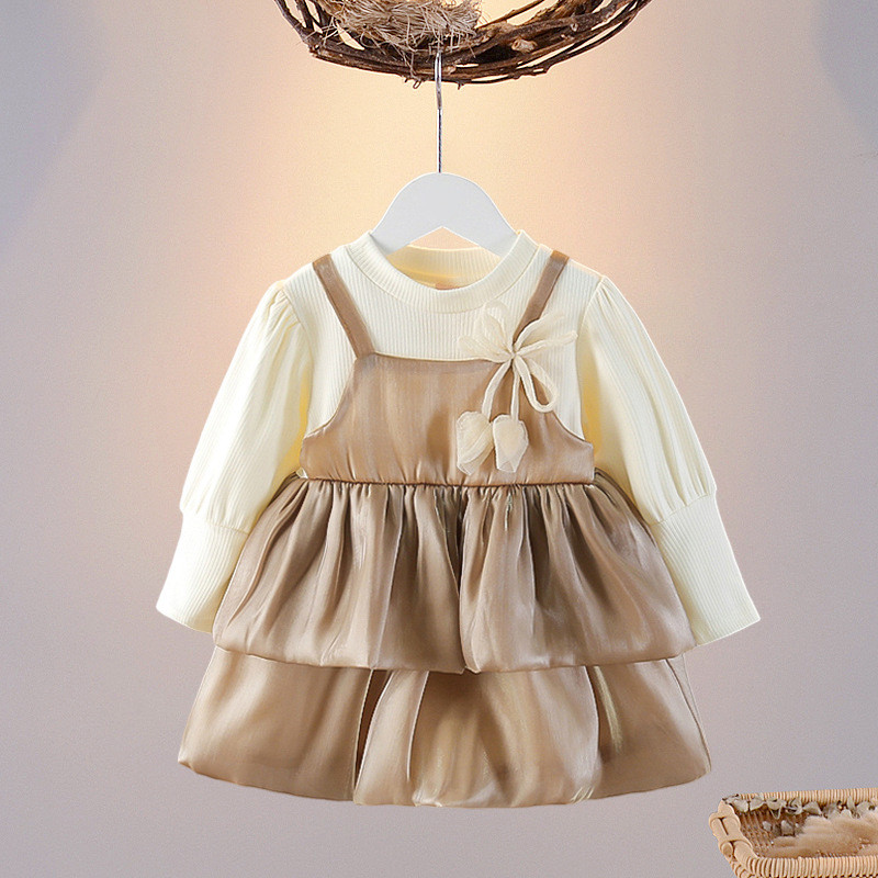 Høst Ny Baby Jentekjole Langermet Brun Chiffon Tutukjole_voghion.com