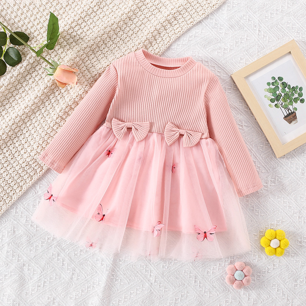 Abito a maniche lunghe per bambina, abito in garza a farfalla con fiocco in tre colori_voghion.com