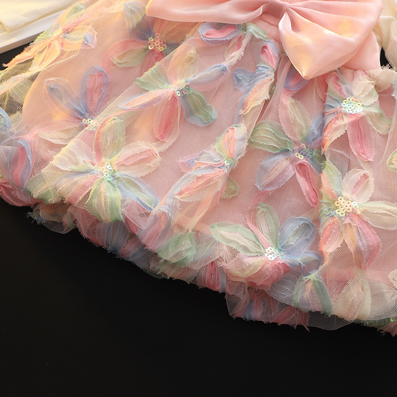 Sequin Flower Embroidered Gauze Dress Long Sleeved Korean Style Dress For Baby Girl_voghion.com
