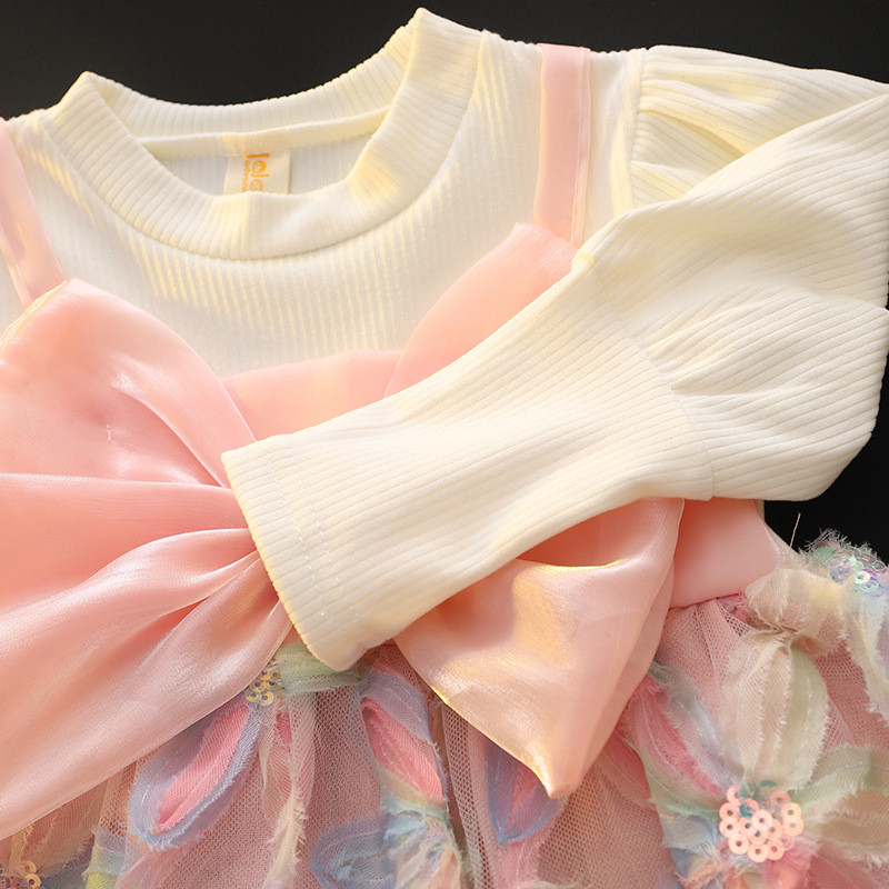 Sequin Flower Embroidered Gauze Dress Long Sleeved Korean Style Dress For Baby Girl_voghion.com