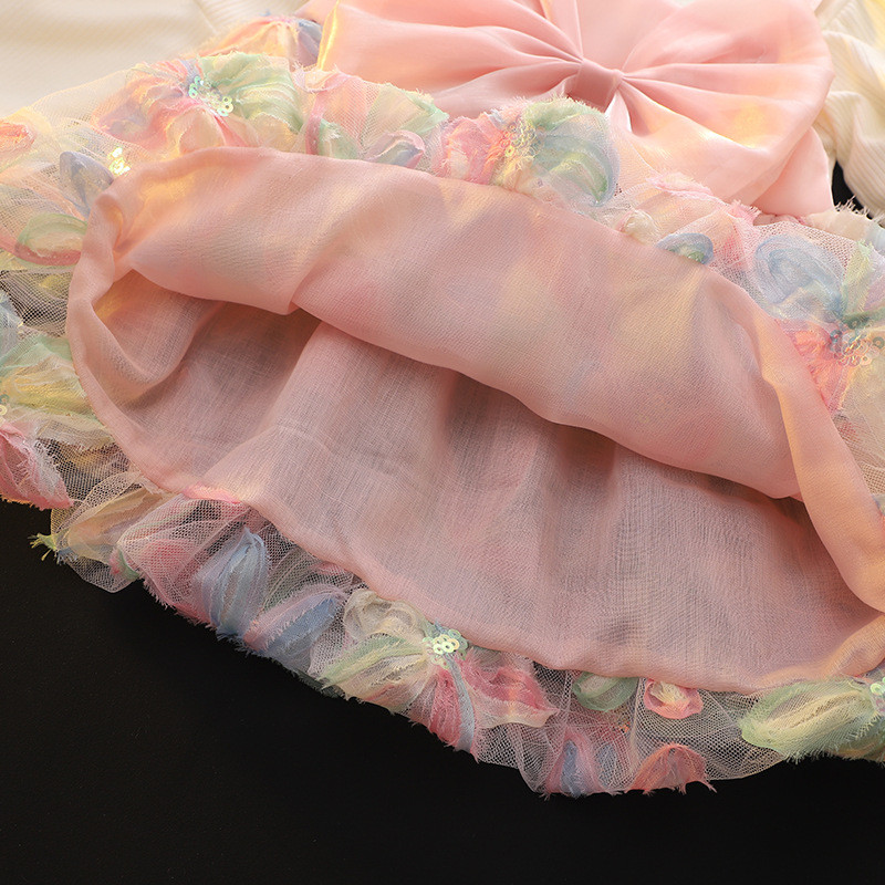 Sequin Flower Embroidered Gauze Dress Long Sleeved Korean Style Dress For Baby Girl_voghion.com