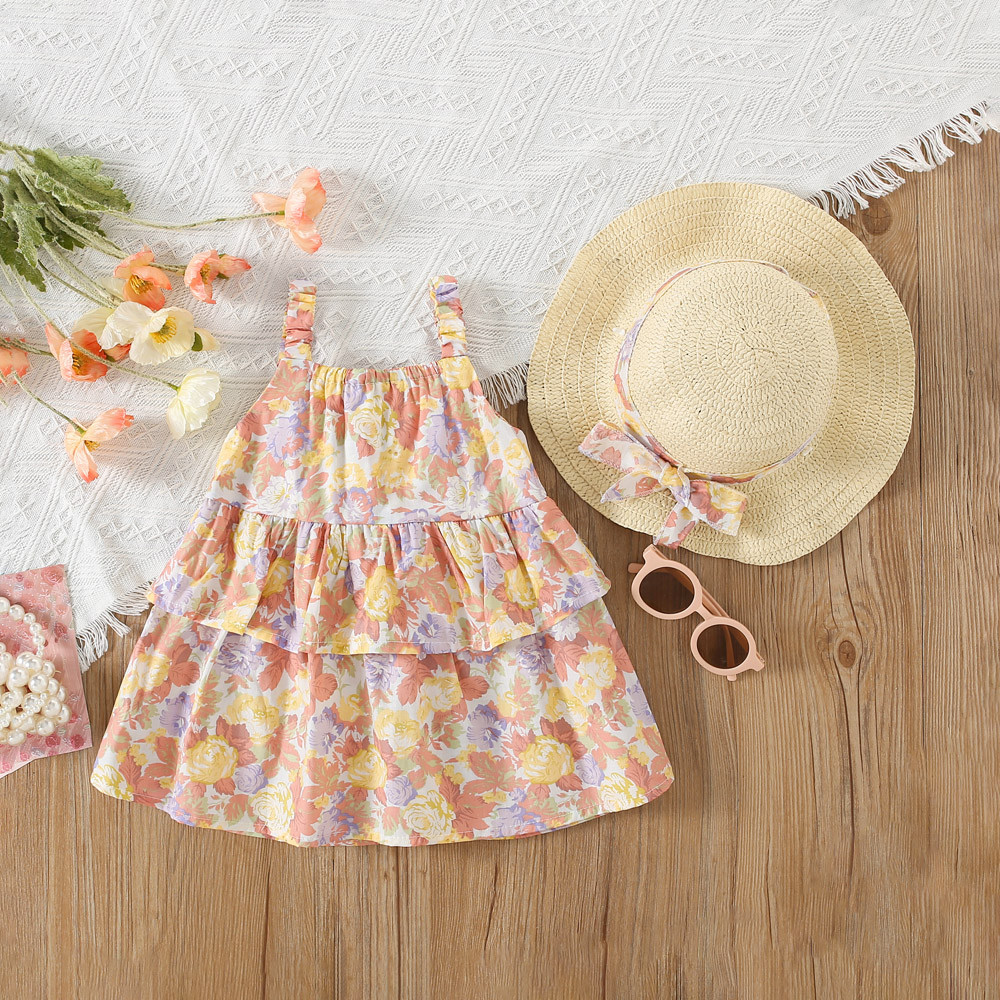 Flower Printed Cotton Dress For Baby Girl Beach Vacation Style Dress Send Hat_voghion.com