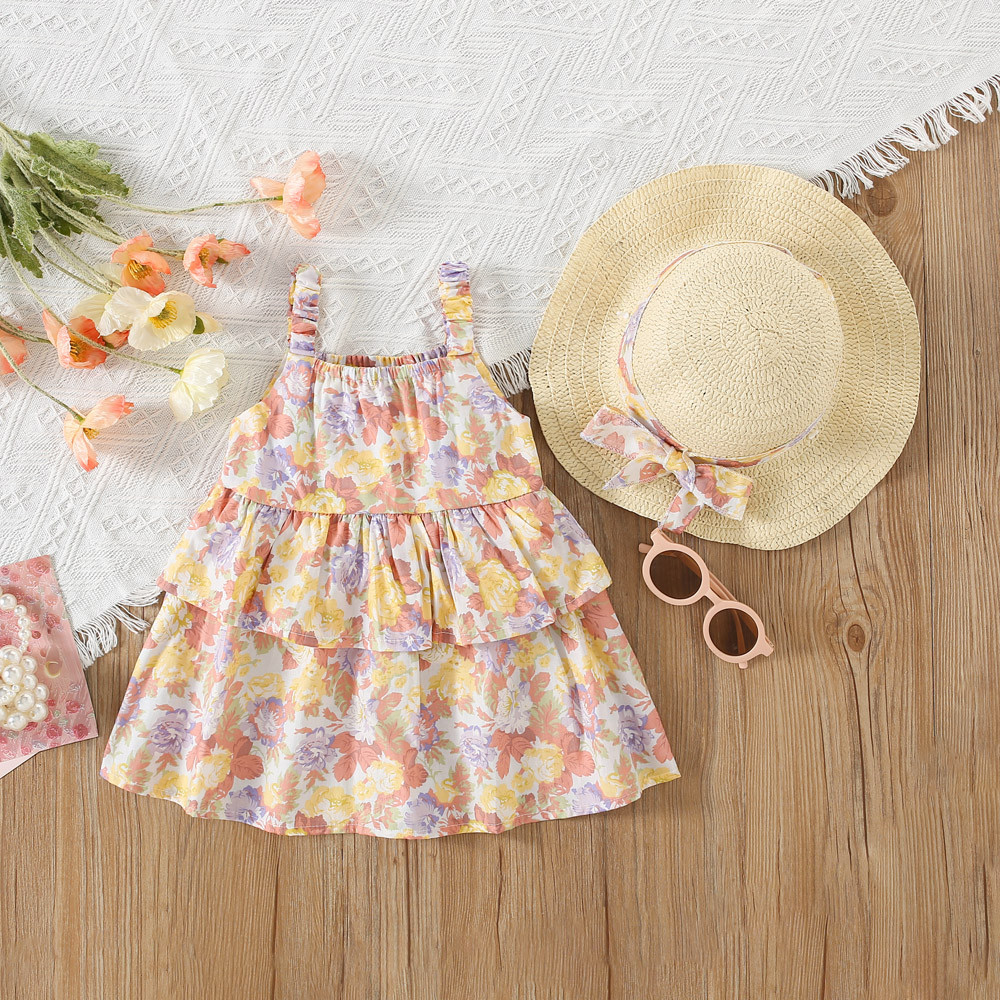 Flower Printed Cotton Dress For Baby Girl Beach Vacation Style Dress Send Hat_voghion.com