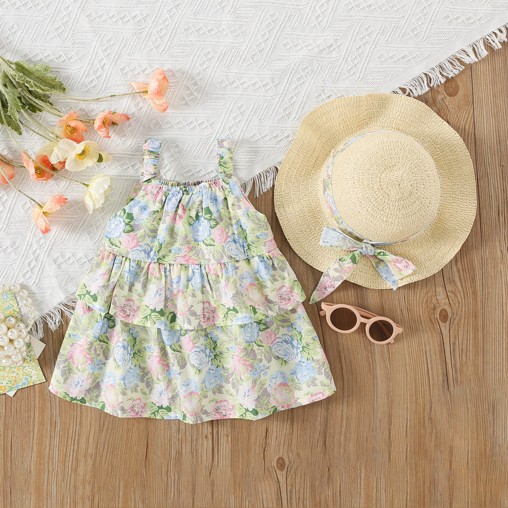 Flower Printed Cotton Dress For Baby Girl Beach Vacation Style Dress Send Hat_voghion.com
