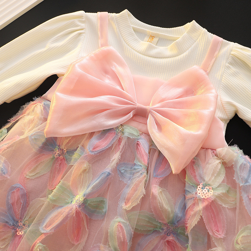 Sequin Flower Embroidered Gauze Dress Long Sleeved Korean Style Dress For Baby Girl_voghion.com