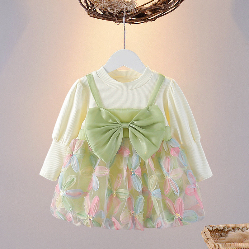 Sequin Flower Embroidered Gauze Dress Long Sleeved Korean Style Dress For Baby Girl_voghion.com