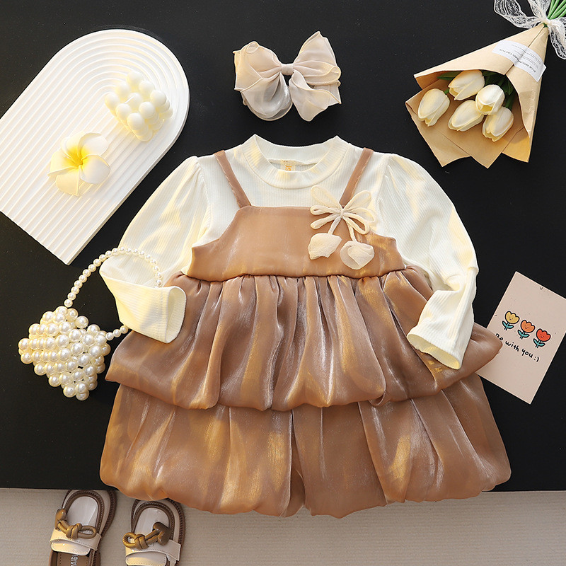 Høst Ny Baby Jentekjole Langermet Brun Chiffon Tutukjole_voghion.com