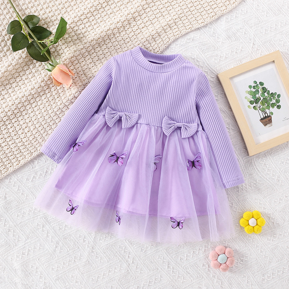 Abito a maniche lunghe per bambina, abito in garza a farfalla con fiocco in tre colori_voghion.com