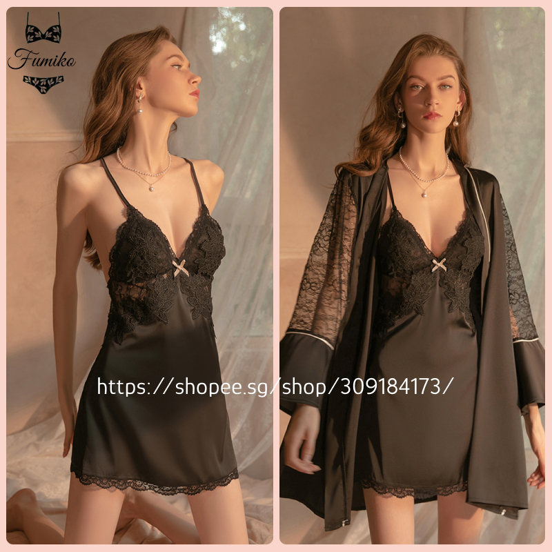 SG Stock Fumiko M/L/XL Padded Satin Cross Back Night Dress Robe Sexy  Lingerie Lace Sleepwear Women Pyjamas Nightwear 005