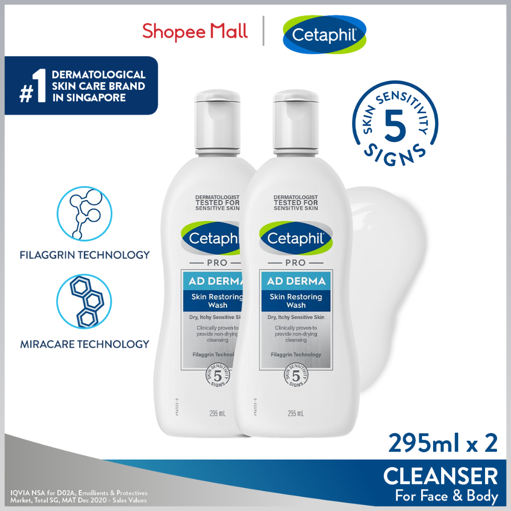 CETAPHIL PRO AD Derma Skin Restoring Wash 295ml Twin Pack, For Eczema Prone Skin [Soothes Dry, Itchy, Irritated Skin]