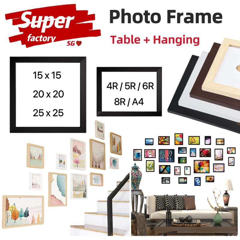 [SG in stock]Wooden Picture Frame - Wall Art Poster Painting Photo Hanging Stand Desk Table Decor A4 4R 5R 6R 8R Square
