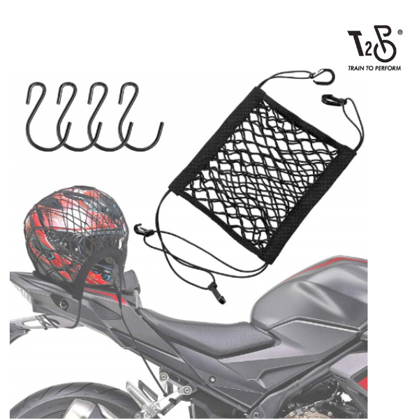 T2P LOCAL SELLER Cargo Net With Pocket for Motorcycle Helmet Storage High-Elastic Double Layer