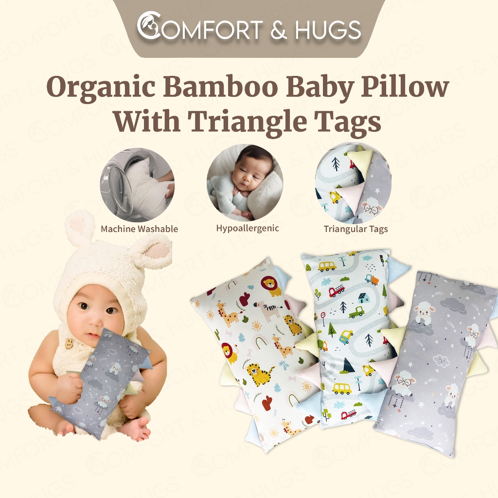 Comfort & Hugs Bed Time Buddy Organic Bamboo Hypoallergenic Baby Pillow With Triangular Tag
