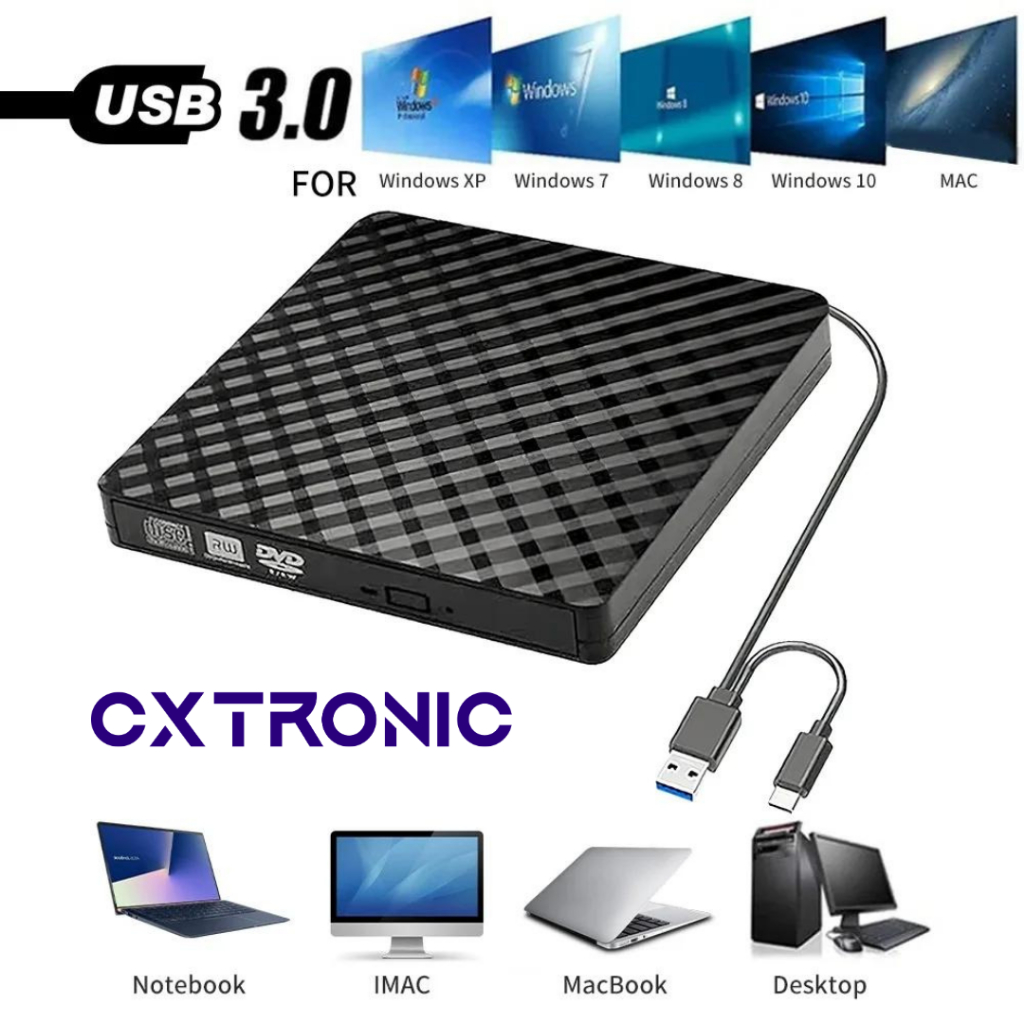 (SG) Portable External DVD/CD RW Drive Burner/Reader/Writer Driver (USB 3.0+USB-C) (Plug and Play)