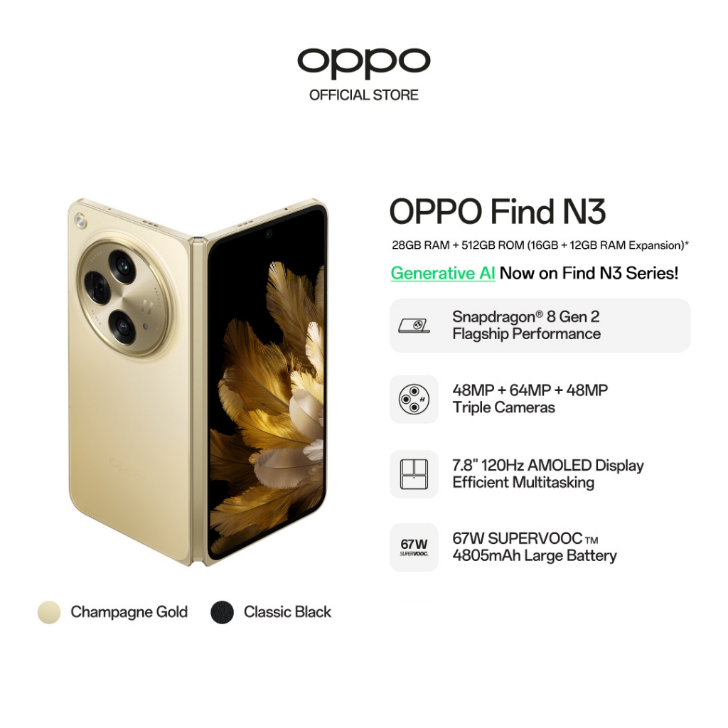 OPPO Find N3 5G 28(16+12GB) + 512GB / Generative AI / Snapdragon 8 Gen 2 / AI Eraser /  24 Months International Warranty