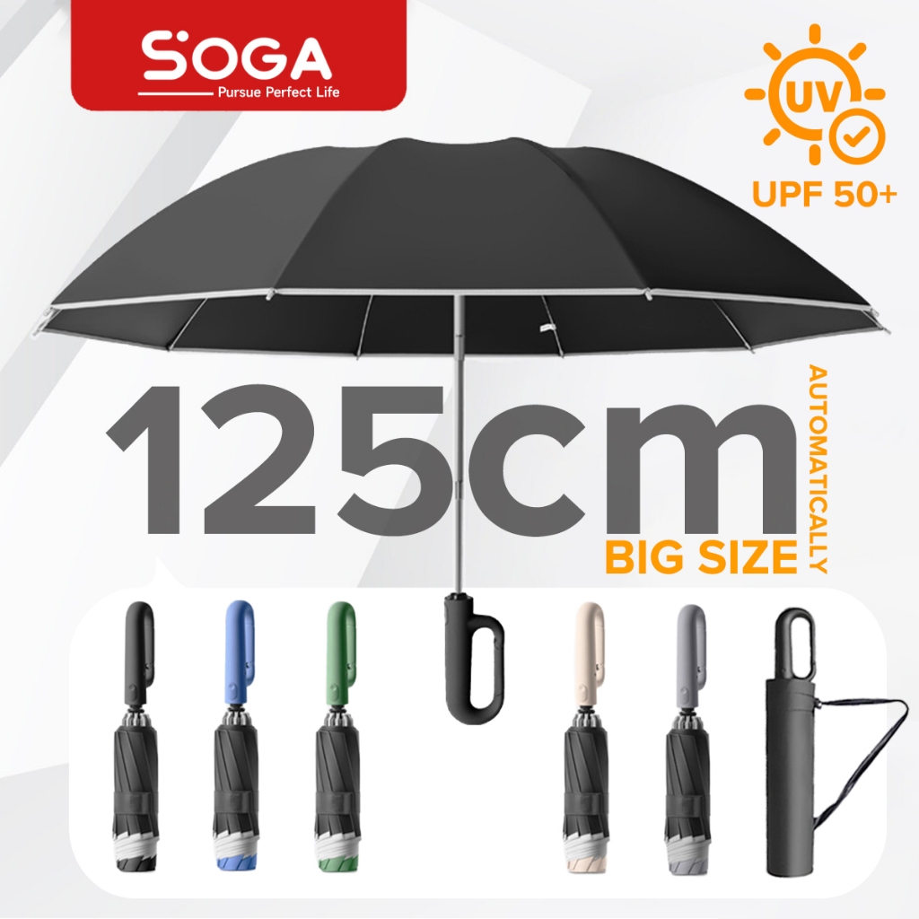 SOGA Big Umbrella Automatic 125cm For 2-3 Person -Thickened Foldable Night Reflective Strips Reminders UV Protection